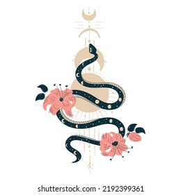 Magic Esoteric Snake In Flowers