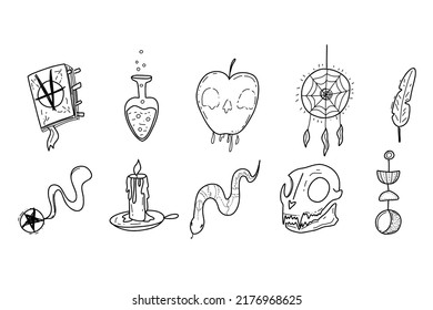 Magic esoteric symbol - scull, snake, poison, cat, moon, candle. Witch hand drawn magic element, mystery sketch vector illustration icons set. Witchcraft, witch esoteric alchemy.