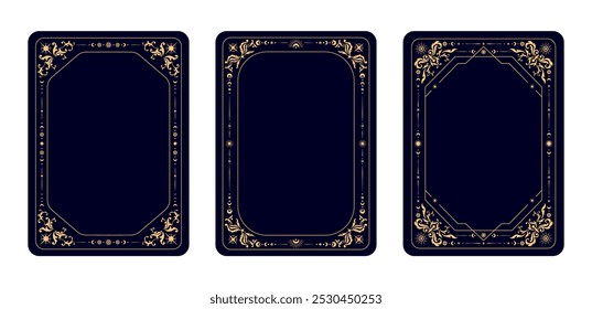 Quadros de cartas de tarô esotérico mágico para decks cobre design com símbolos celestiais, fundos vetoriais. Cartas de tarô molduras ou conveses reversos com sol mágico esotérico e estrelas e ornamento floral dourado