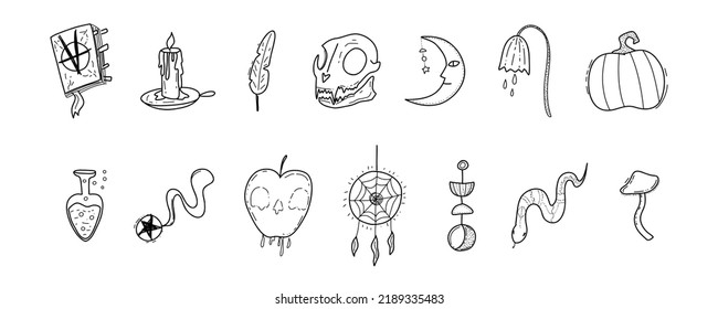 Magic esoteric Witchcraft symbol - scull, snake, poison, cat, moon, candle. Witch hand drawn magic element, mystery sketch vector illustration icons set. Witchcraft, witch esoteric alchemy.