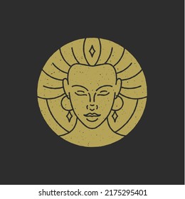 Magic esoteric woman face with closed eyes and star in hair circled badge decorative design grunge texture vector illustration. Mythic female avatar portrait rounded logotype for beauty spa salon