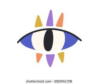 Magic evil eye with colorful eyelashes. Mystical spiritual eyeball in doodle style. Turkish abstract occult amulet. Flat vector illustration isolated on white background