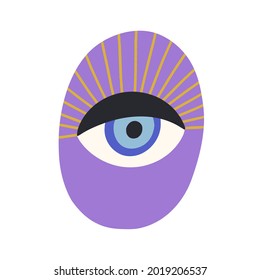 Magic evil eye with eyelashes. Esoteric sacred eyeball with mystical look. Ancient spiritual symbol drawn in modern doodle style. Colored flat vector illustration isolated on white background
