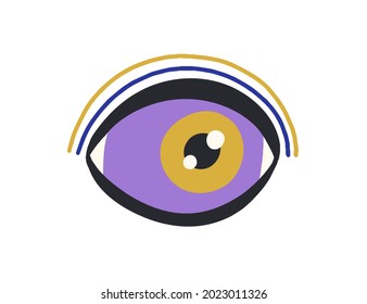 Magic evil eye of God. Esoteric occult eyeball. Abstract sacred divine mystical pupil in doodle style. Holy supernatural symbol. Colored flat vector illustration isolated on white background