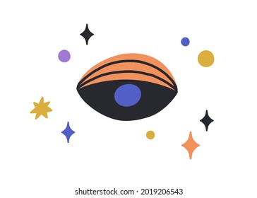 Magic evil eye watching from heaven with stars. Occult eyeball with mystical look. Abstract esoteric sacred symbol drawn in modern doodle style. Flat vector illustration isolated on white background