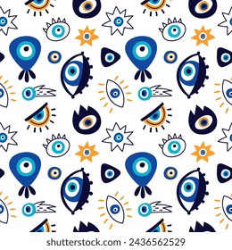 Magic evil eyes seamless pattern. Traditional Turkish or Greek amulet. Protective Hamsa various talismans. Blue Fatima eyeballs with lashes. Occult souvenirs. Garish