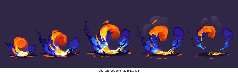 Magic Explosion Animation Effect For 2d Game Design. Vector Sprite Sheet Of Cartoon Energy Burst, Fantasy Blast With Fire Splash And Blue Smoke Clouds Isolated On Background