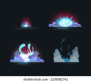 Magic Explosion Bomb Effects Different Types Set on a Black Background Concept Flat Design Style. Vector illustration