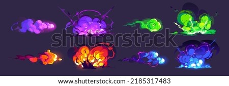 Magic explosion, game bomb boom effect with colorful clouds, smoke and fume. Fire blast, weapon shot. elemental magician spells purple, green, blue and red explode detonation, Cartoon vector set