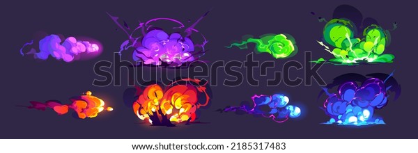 Magic explosion, game bomb boom effect with colorful\
clouds, smoke and fume. Fire blast, weapon shot. elemental magician\
spells purple, green, blue and red explode detonation, Cartoon\
vector set