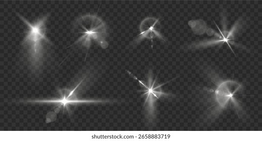 Magic explosion of sunlight and sparkle beams flash across vector background with bokeh and lens spot creating abstract glowing scene and bright projector illumination on show stage png

