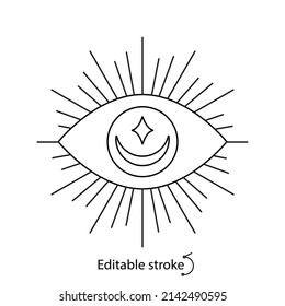 Magic eye line logo. Hypnosis and miracle concept. Boho sunny emblem. Bohemian sign. Chic badge for company branding. Editable stroke. Isolated vector stock illustration