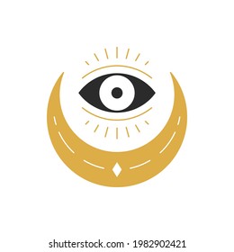 Magic eye with moon crescent hand drawn silhouette vector illustration. Witchcraft drawing for poster and mystic logo emblem decoration or fashion print.