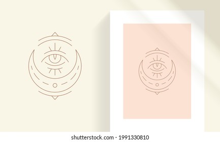 Magic eye and moon crescent line art style vector illustration. Boho mystic seeing eye linear drawing for poster and esoteric practices logo emblem decoration or fashion print.