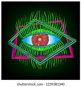 Magic eye over geometry. Psychedelic hallucination.Vibrant vector illustration. Sacred geometry symbol with iris over in acid color labyrinth. Mystic, alchemy, occult concept.Design shirt print,poster