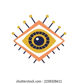 Magic eye with pins isolated boho style amulet in doodle design. Vector witchcraft talisman, magical esoteric religion symbol of mason