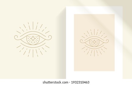 Magic eye and star line art style vector illustration. Boho mystic seeing eye linear drawing for poster and esoteric practices logo emblem decoration or fashion print.