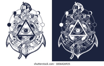 Magic eye, steering wheel and anchor t-shirt design. All seeing eye tattoo art vector. Freemason and spiritual symbols. Alchemy, medieval and occultism concept. Black and white vector graphics 