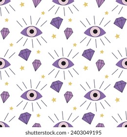 Magic eyes and crystals seamless pattern. Boho crystals background. Esoteric print for textile, paper, packaging and design, vector illustration