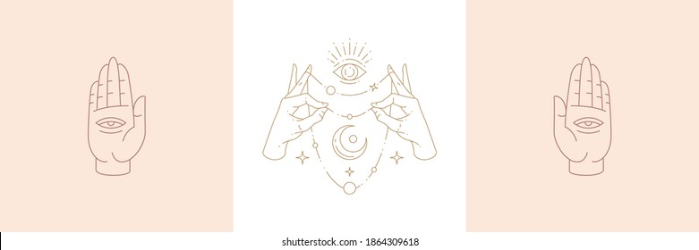 Magic eyes and hands palms with moon in boho linear style vector illustrations set. Simple bohemian emblems in golden lines with hands gestures symbols for mythical creature and esoteric concept.