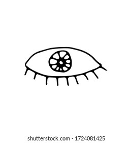magic eyes with lashes.Witchcraft and halloween attributes doodles. demonic, spirituality stuff, signs and symbols. Vector illustration isolated on white background.Tattoo