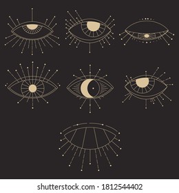 Magic eyes set. Collection of open and closed eyes in outline style isolate on black background. Vector illustration for tattoo, icons, logotypes, clipart, print. Occult linear symbols