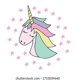Magic face unicorn childish illustration. Doodle vector, scandinavian style.  For baby and kids design, t-shirt prints, fabric, apparel, nursery decoration, poster, cards.