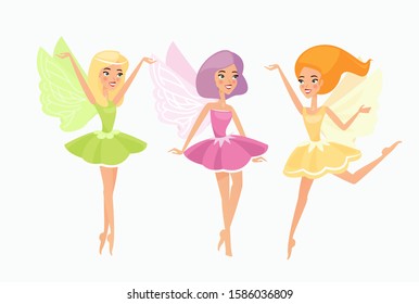 Magic fairies flat vector illustrations set. Cute fairytale creatures isolated on white background. Mythical flying elves. Cartoon girls with wings wearing beautiful dresses. Pixies floating in air.