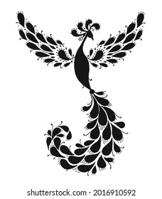 Magic Fairy Bird, Black Silhouette. Phoenix Bird. Mythical character. Ornamental Silhouette for your design