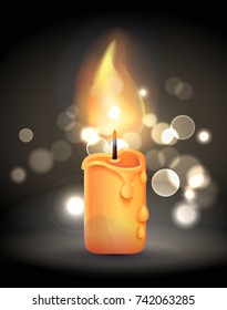 Magic fairy burning candle with flame in realistic design vector illustration isolated on black background with blurred lights, poster with text