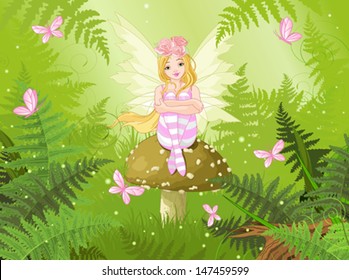 Magic fairy with butterfly in forest