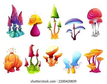 Magic fairy cartoon mushrooms of fantasy alien forest, vector toadstools and luminous trees. Fairy and witch amanita mushrooms of fantastic planet for game or fairy tale witchcraft, glowing neon fungi