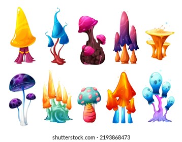 Magic fairy cartoon mushrooms set. Vector fantasy toadstools, hallucinogenic fungi, isolated alien unusual plants with curve stipes and odd colorful caps. Natural poisonous fairytale game asset