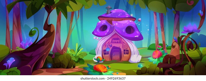 Magic fairy elf or gnome mushroom house with neon glow effect in forest on shore of lake. Cartoon vector fantastic woodland landscape with tiny cozy fantasy home made from toadstool with purple cap.