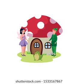 magic fairy with elf and home fungus vector illustration design