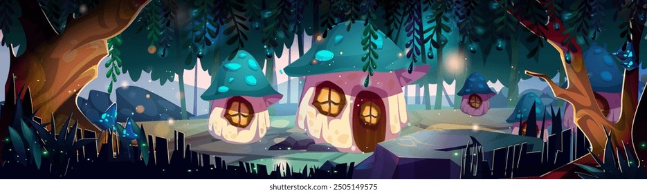 Magic fairy forest landscape with mushroom house with doors and windows among trees and bushes. Fantastic fairytale elf or gnomes village in dream woodland. Cartoon vector small mystery fungi home.