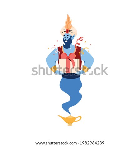 Magic fairy genie with gift box, flat vector illustration isolated on white background. Fantasy arabian genie cartoon character ready to grant wishes and serve.