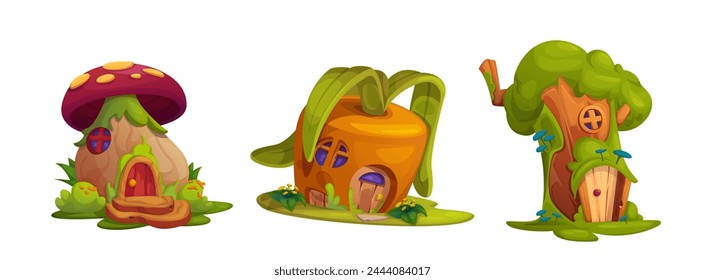 Magic fairy gnome or animal house made from mushroom, carrot and wood stump with windows and doors. Cute cartoon vector set of fantasy elf tiny home. imagination woodland or garden huts and cottages.