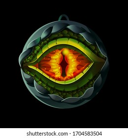 Magic, fairy medallion with dragon or lizard eye inside. Vector illustration for game design. Medieval age style game icon, item isolated on background.