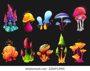 Magic fairy mushrooms and toxic toadstools, vector cartoon fantasy fungi. Fairy tale luminous mushroom amanita, muscaria or shroom grebe with fantstic caps and pink purple poisonous liquid drips