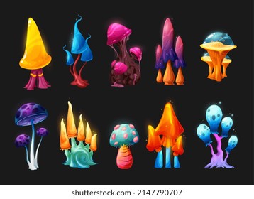 Magic and fairy mushrooms, vector fantasy game asset. UI or GUI design. Alien planet fairytale forest or fantastic isolated fungus plants, neon glowing mushrooms with bright caps and stalks