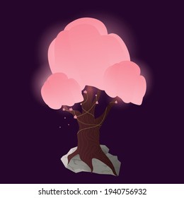 Magic fairy pink glowing tree with blooming flowers, fantasy forest object for children books or fantastic games