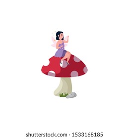 magic fairy sitting in fungus isolated icon vector illustration design