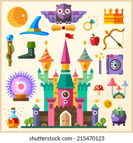 Magic and fairy tale. Magic Castle. Vector flat icon and illustrations: castle, owl, ring, crown, staff, hat, book of spells, magic wand, magic ball, bowler, potion, mushrooms, bow, arrow, apple