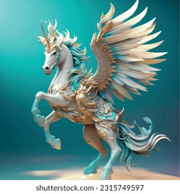 Magic fairy tale character pegasus 3d illustration for children. Magic fairytale pegasus print for clothes, stationery, books, merchandise. Toy Pegasus 3D character banner, background.