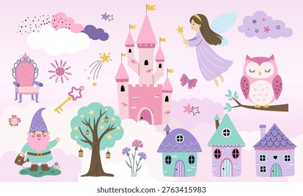 Magic fairy tale collection with castle, houses, gnome, owl and fairy. Simple flat minimal kids style illustration. 