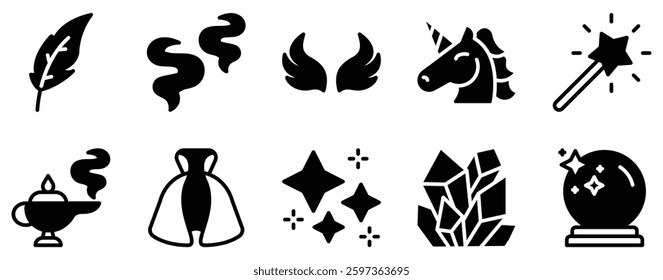 Magic and Fairy Tale Icon Set Solid Style Collection A modern set of solid-style icons perfect for fantasy themes storybooks and enchanted designs.
