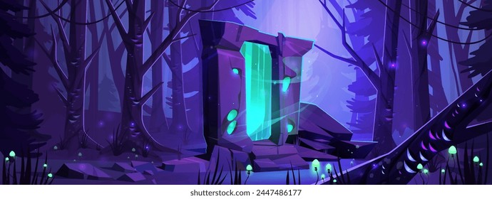 Portal mágico de cuento de hadas en el bosque nocturno. Ilustración de dibujos animados de Vector de la puerta de teletransporte de piedra, luciérnagas verdes de neón que brillan en la oscuridad, siluetas de abetos viejos, fondo del juego de viajes en el tiempo de fantasía