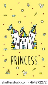 Magic Fairy Tale Princess Castle. Stylish card. Cover. Vector Illustration. Eps 10