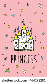Magic Fairy Tale Princess Castle. Stylish card. Cover. Vector Illustration. Eps 10